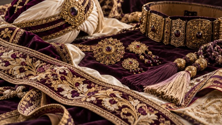Bordados, cinturón, turbante, broches y borlas de un traje de Moros y Cristianos