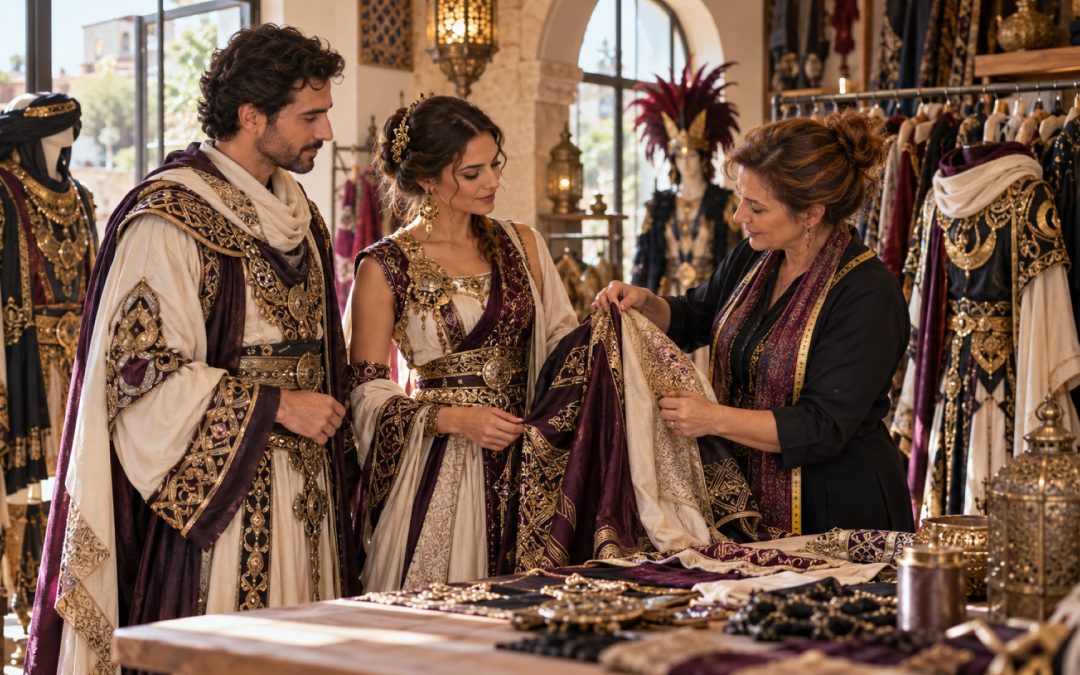 Pareja adulta eligiendo trajes de Moros y Cristianos en un taller de vestuario