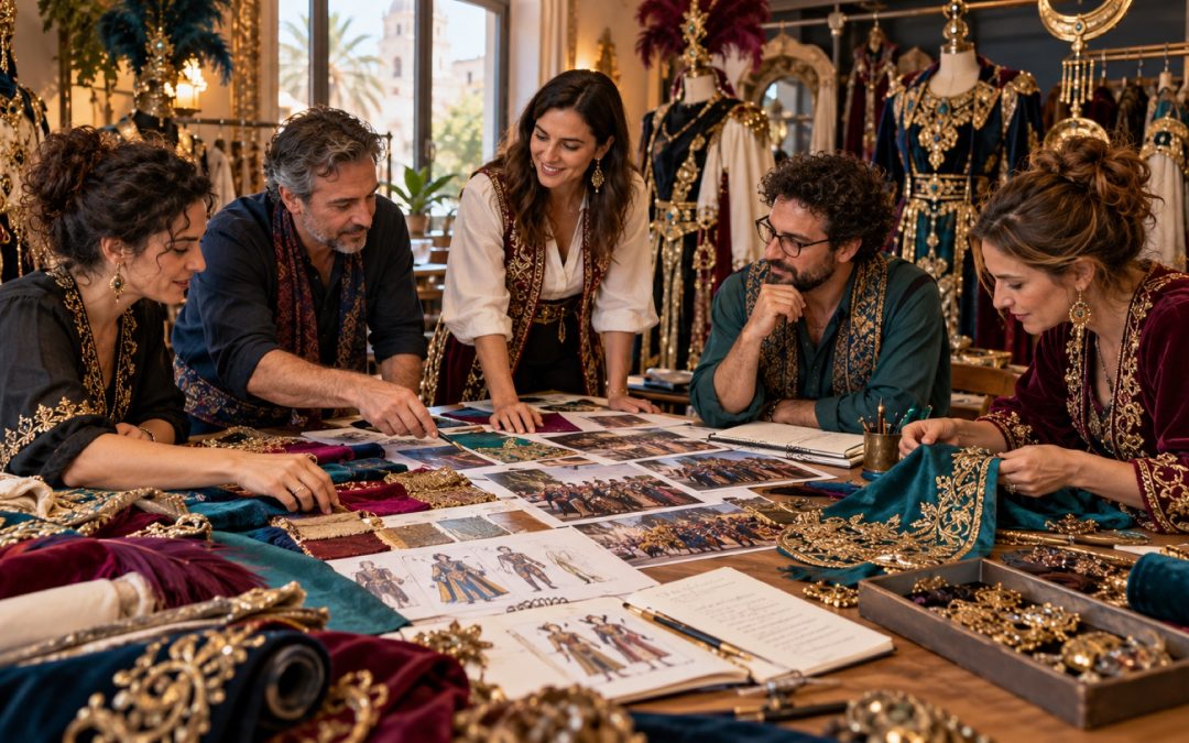 Equipo adulto comparando tejidos y diseños para organizar el vestuario de una comparsa