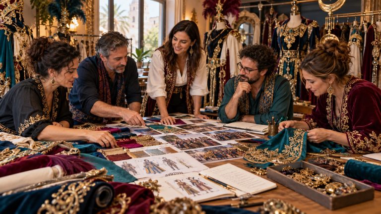 Equipo adulto comparando tejidos y diseños para organizar el vestuario de una comparsa